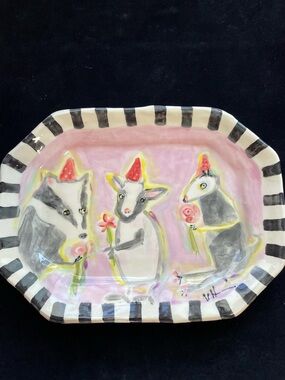 Good Friends”Handmade Ceramic 8 Sided Platter 13”x10” Original Pottery